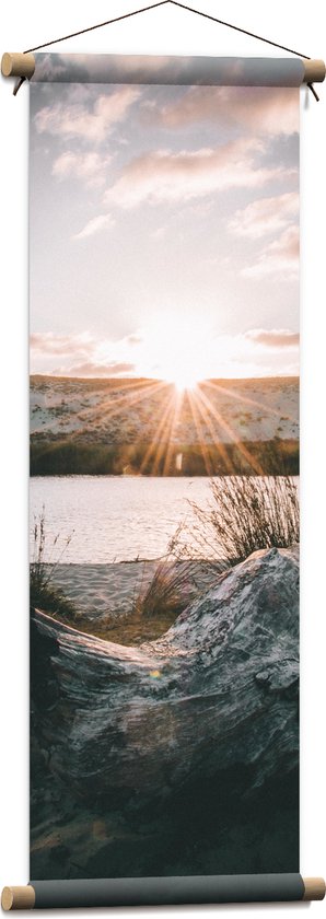 WallClassics - Textielposter - Ondergaande Zon aan Duinen - 30x90 cm Foto op Textiel