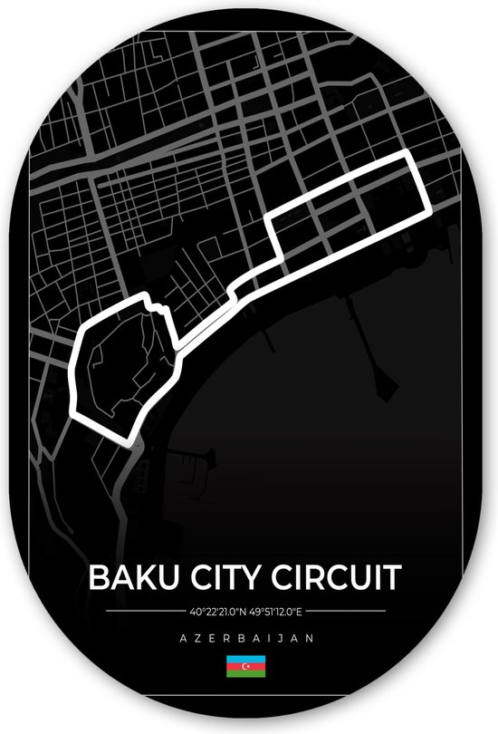 Muurovaal - Wandovaal - Kunststof Wanddecoratie - Ovalen Schilderij - Racebaan - Circuit - F1 - Baku City Circuit - Azerbeidzjan - Zwart - 60x90 cm - Ovale spiegel vorm op kunststof