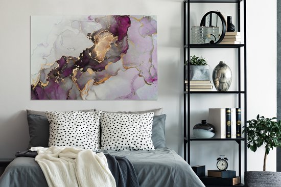 Toile Peinture Marbre - Abstrait - Or - Violet - 140x90 cm - Décoration murale