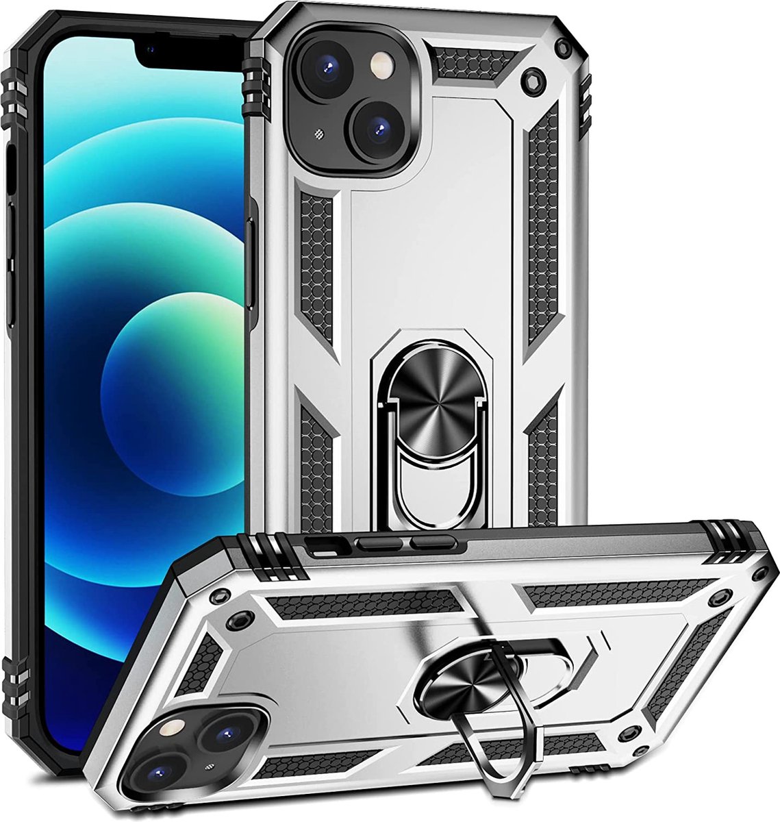 Anti-Shock Hybrid Ring Armor Hoesje Geschikt voor: iPhone 14 Plus - zilver