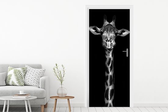 Sticker pour porte Girafe - Portrait - Animaux - Zwart - Wit - 90x215 cm - Affiche de porte