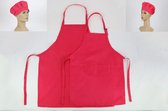 2 Keukenschorten - effen rood/roze met koksmuts - Katoen - set kind en volwassene