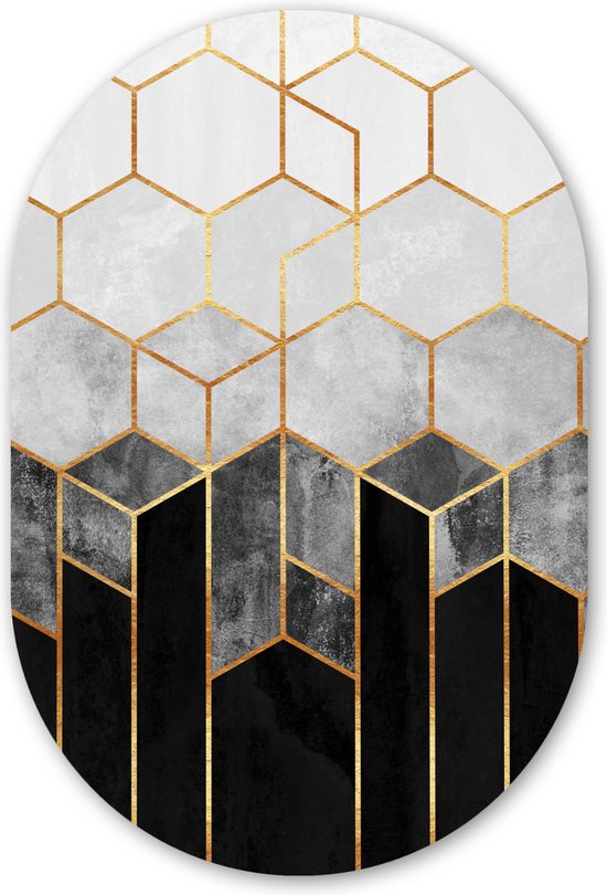 Muurovaal - Wandovaal - Kunststof Wanddecoratie - Ovalen Schilderij - Goud - Hexagon - Chic - Patronen - Luxe - 60x90 cm - Ovale spiegel vorm op kunststof