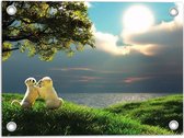 WallClassics - Tuinposter – Stoeiende Golden Retriever Pups in Landschap - 40x30 cm Foto op Tuinposter  (wanddecoratie voor buiten en binnen)