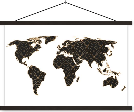 Wereldkaart Zwart Goud Lijnen schoolplaat platte latten zwart 60x40 cm - Foto print op textielposter (wanddecoratie woonkamer/slaapkamer)