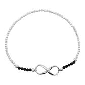 Zilveren armband dames | Zilveren armband van elastiek met zilveren en zwarte bolletjes en infinity teken