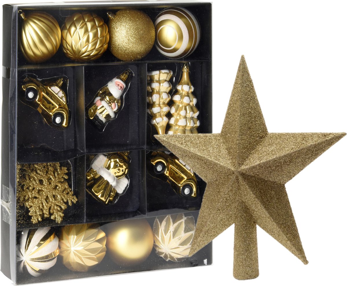 Christmas Decoration Kerstballen en ornamenten - incl. ster piek - goud/wit - kunststof