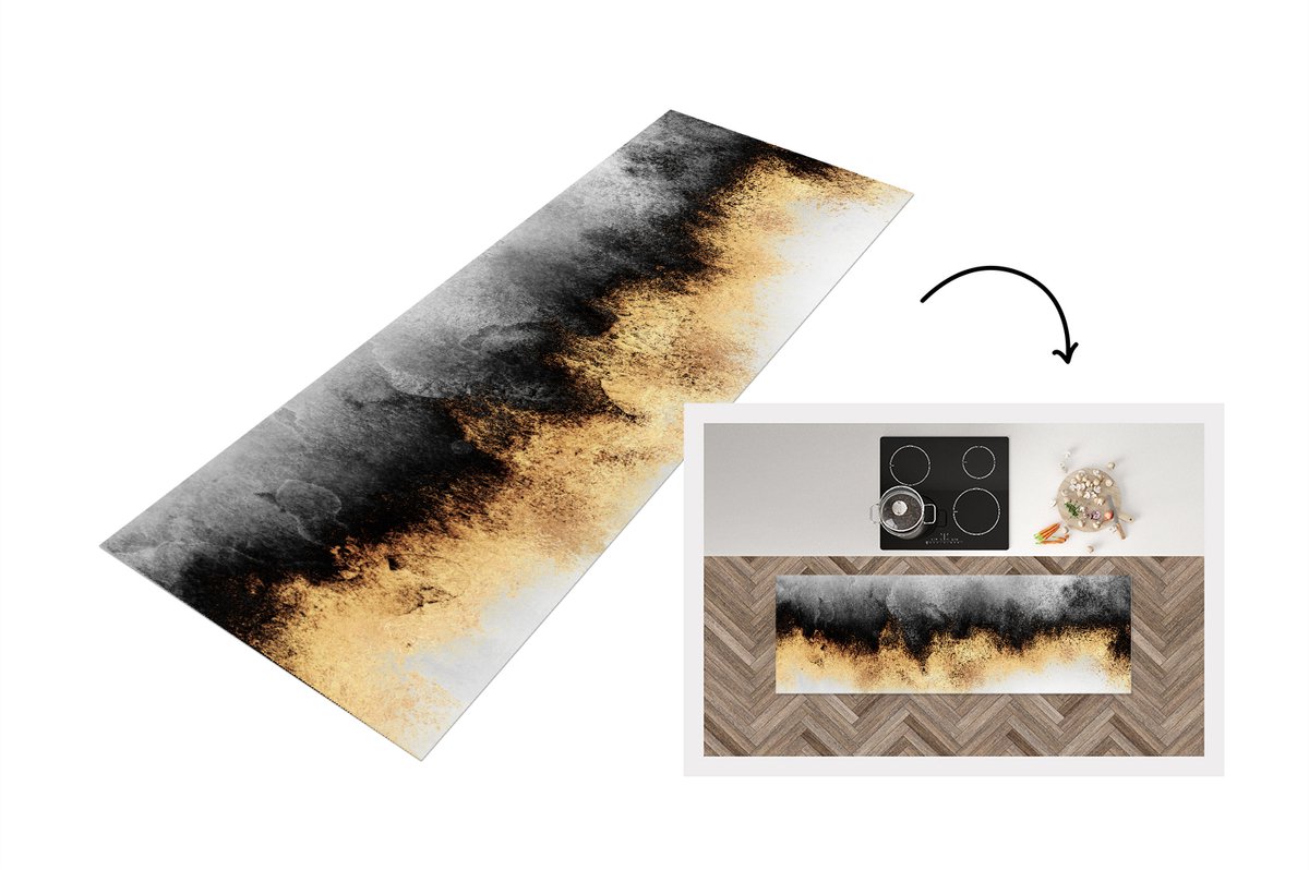KitchenYeah Keukenloper - Loper keuken - Goud - Chic - Abstract - Zwart - Wit - Keukenloper vinyl, foto 3