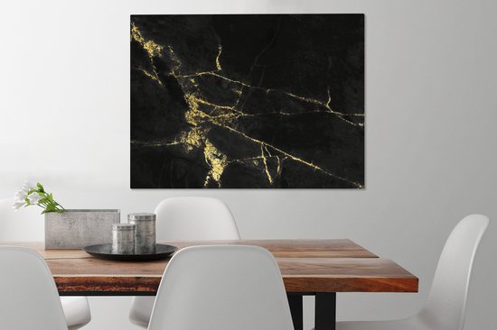 Toile Peinture Marbre - Zwart - Or - Luxe - 80x60 cm - Décoration murale