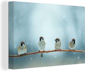 Canvas Schilderij Vogels - Mus - Sneeuw - Winter - 90x60 cm - Wanddecoratie