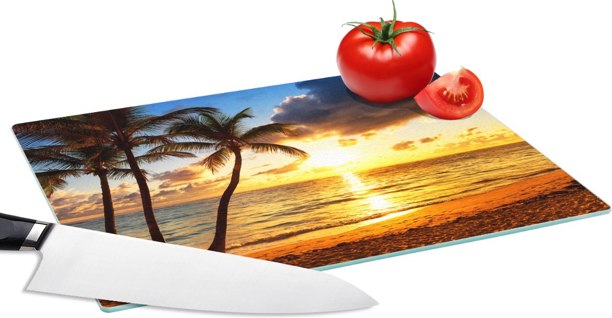 Glazen Snijplank - 28x20 - Strand - Horizon - Zonsondergang - Palmboom - Zee - Snijplanken Glas