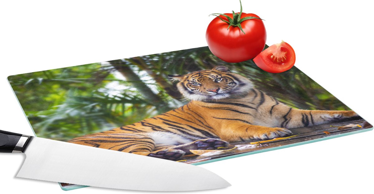 Glazen Snijplank - 28x20 - Tijger - Dieren - Bos - Bladeren - Jungle - Snijplanken Glas