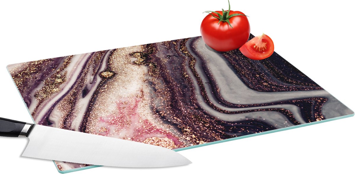Glazen Snijplank - 39x28 - Marmer - Roze - Goud - Glitter - Marmerlook - Snijplanken Glas