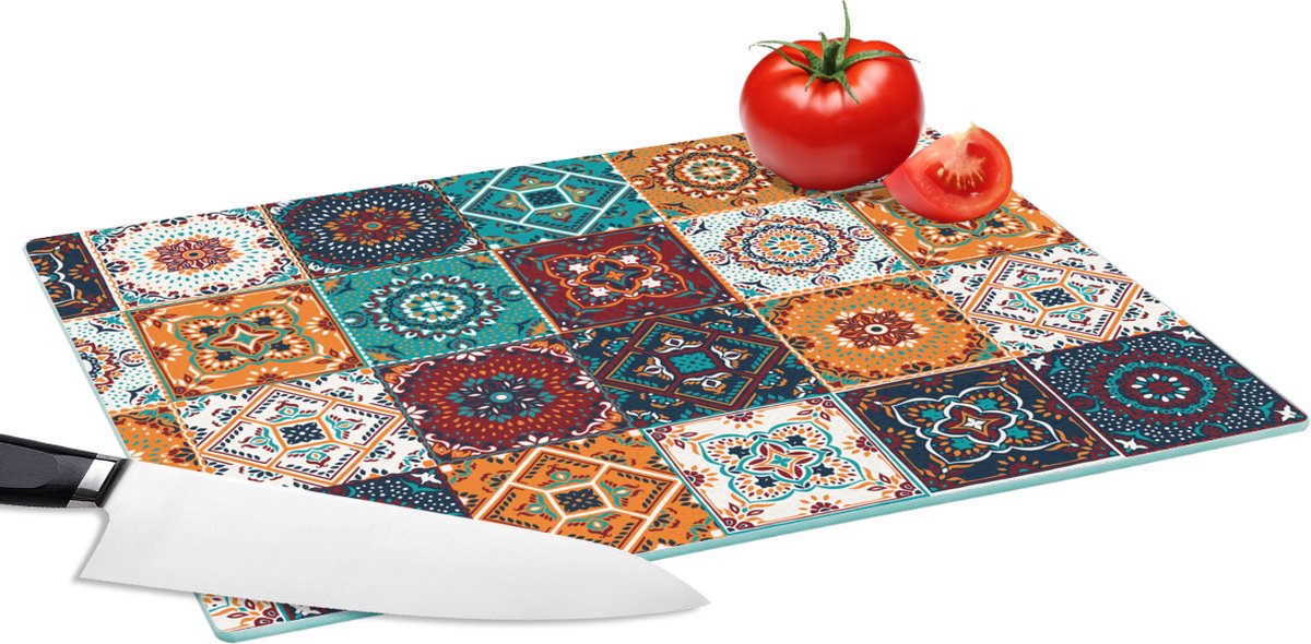 Glazen Snijplank - 39x28 - Retro - Bladeren - Design - Oranje - Bruin - Snijplanken Glas