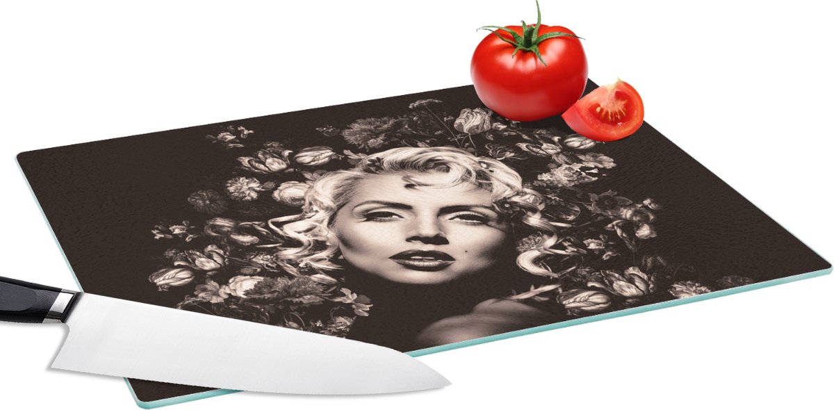 Glazen Snijplank - 39x28 - Vrouw - Zwart - Wit - Bloemen - Snijplanken Glas