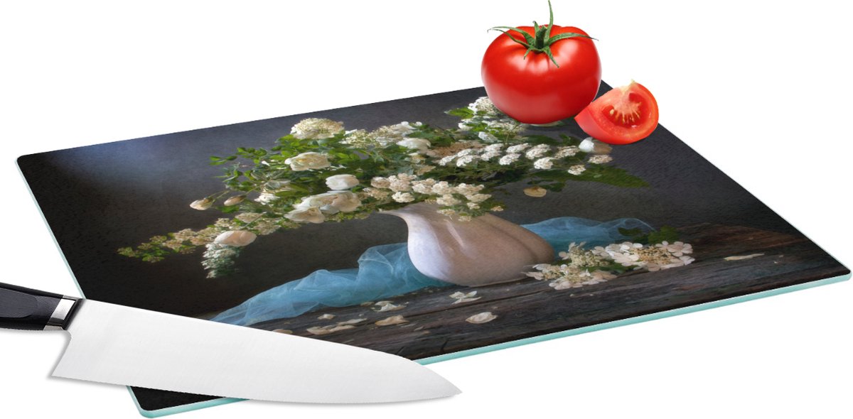 Glazen Snijplank - 39x28 - Bloemen - Wit - Stilleven - Snijplanken Glas