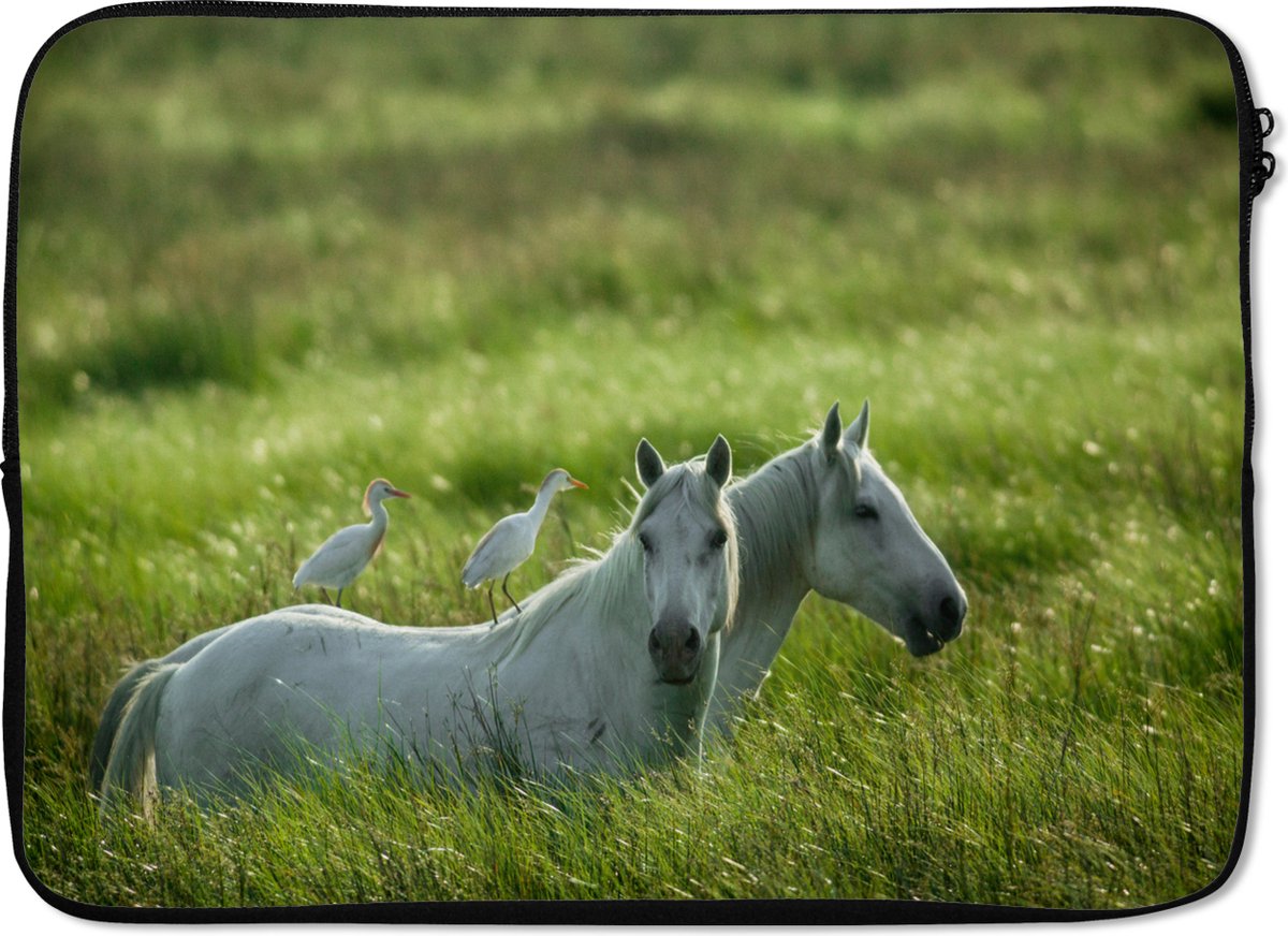 Laptophoes 14 inch - Paarden - Vogel - Gras - Laptop sleeve - Binnenmaat 33x23 cm - Zwarte achterkant
