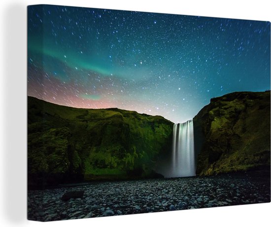 IJslandse waterval bij nacht Canvas 60x40 cm - Foto print op Canvas schilderij (Wanddecoratie)