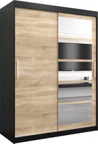 InspireMe - Kledingkast met 2 schuifdeuren, Modern-stijl, Een kledingkast met planken en een spiegel (BxHxD): 150x200x62 - VENEZIA I 150 Zwart Mat + Sonoma Eik