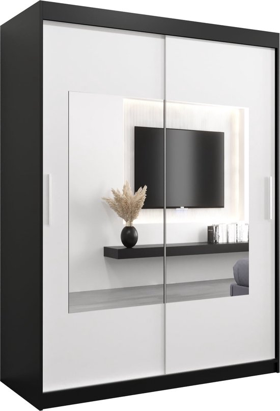 InspireMe - Kledingkast met 2 schuifdeuren, Modern-stijl, Een kledingkast met planken en een spiegel (BxHxD): 150x200x62 - TRINA 150 Zwart Mat + Wit Mat met 2 lades
