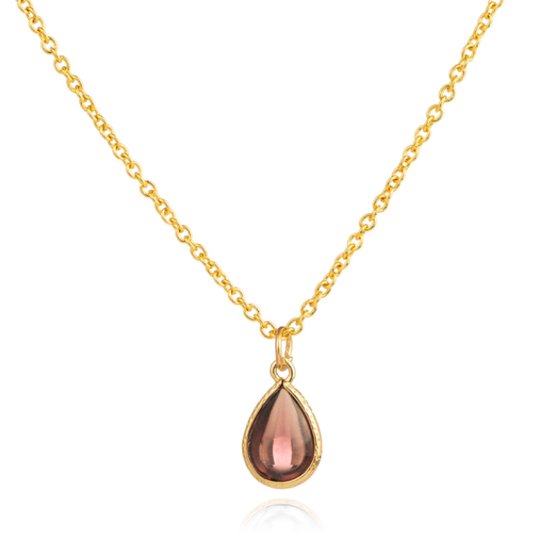 Gouden ketting met een druppelvormige, roze-gouden hanger.