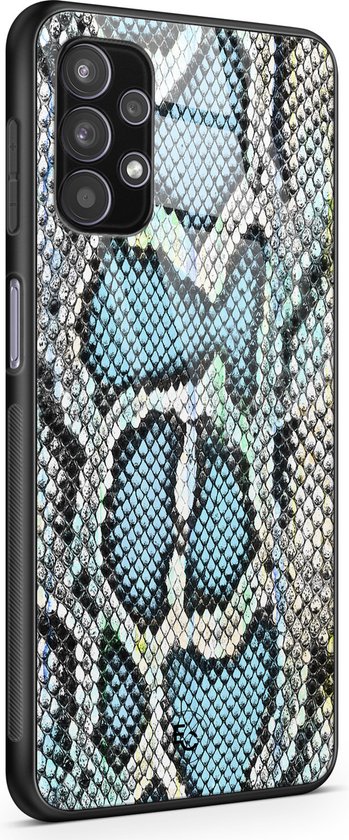 Coque Samsung A32 5G en verre - Imprimé serpent bleu - Blauw - Coque en TPU - Imprimé serpent - Coque arrière rigide noire