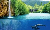 Fotobehangkoning - Fotobehang - Vliesbehang - Behang - Onderwaterwereld - Waterval - Dolfijnen - 3D - 152,5 x 104 cm