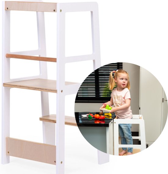 Childhome leertoren keukenhulp voor peuters | Montessori Antislip Opstapje Kindertrap Krukje | Wit met Naturel