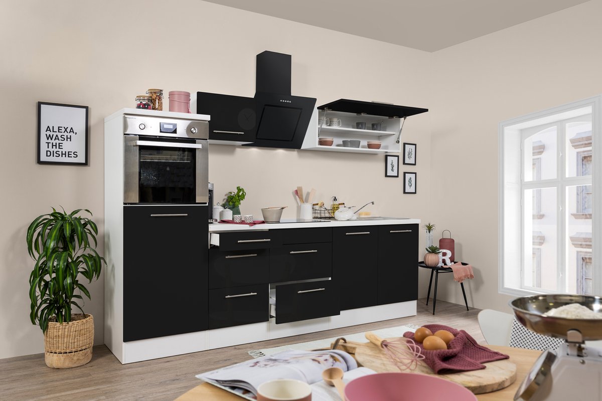 Goedkope keuken 270 cm - complete keuken met apparatuur Amanda - Wit/Zwart - soft close - keramische kookplaat - afzuigkap - oven - spoelbak