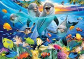 Fotobehang - Vlies Behang - Dolfijnen en Tropische Vissen in Zee - Onderwaterwereld - 312 x 219 cm