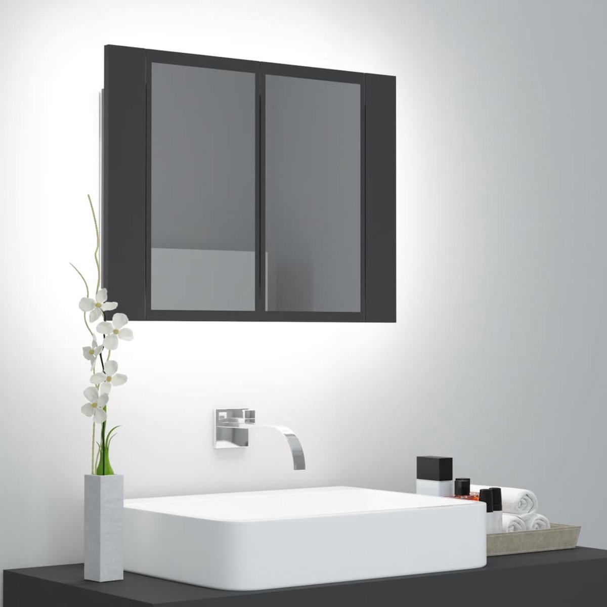 Prolenta Premium - Badkamerkast met spiegel en LED 60x12x45 cm grijs