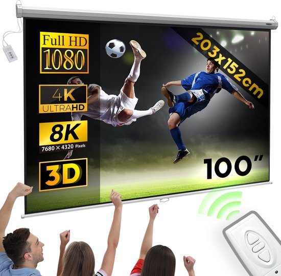 Foto: Jago gemotoriseerd projectiescherm 203x152 cm hdtv 1 1 3 4 16 9 formaten verstelbaar elektrisch afstandsbediening wand plafondmontage wit home cinema projector buiten projectiescherm