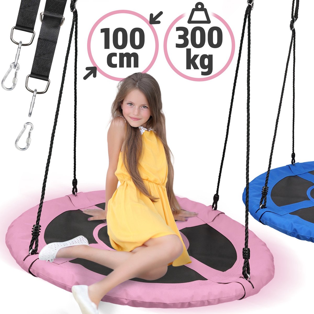 Physionics - Nestschommel voor Buiten/Binnen - Maximale Belasting 300kg - Diameter 100cm - Ronde schommel - Bordschommel - Tuinschommel - Hangschommel - Schommel voor meerdere kinderen - Roze