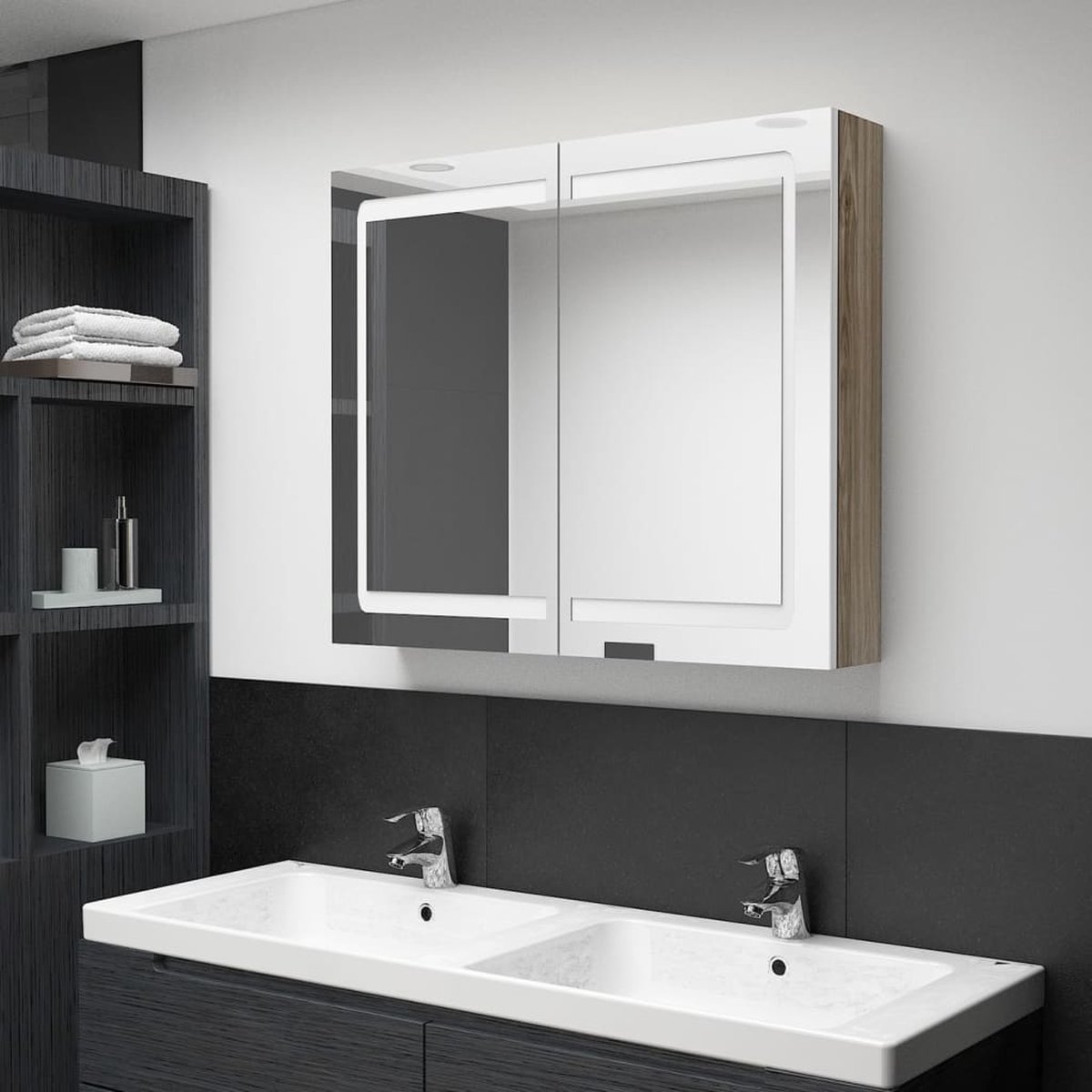 Prolenta Premium - Badkamerkast met spiegel en LED 80x12x68 cm wit en eikenkleurig