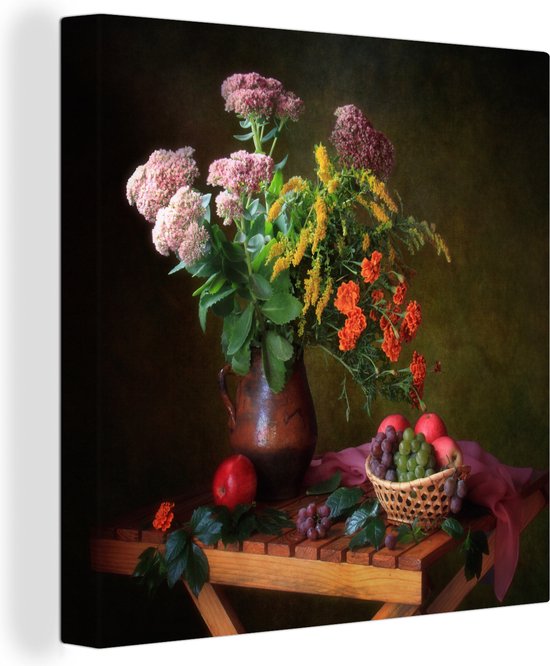 Canvas Schilderij Schilderij - Stilleven - Fruit - Bloemen - Tafel - Kunst - 20x20 cm - Wanddecoratie