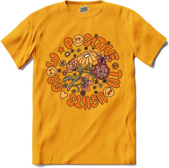 Flower Power - Grow Positive Thoughts - Vintage Aesthetic - T-Shirt - Heren - Geel - Maat XXL