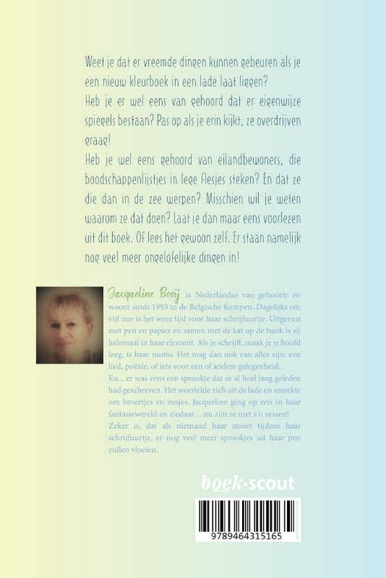 Achterkant boek met tekst over schrijfster Jacqueline Booij en haar boek, inclusief haar portret en barcode.