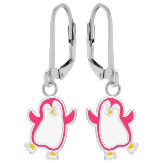Oorbellen meisje | Zilveren kinder oorbellen | Zilveren oorhangers, roze dansende pinguin