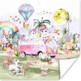 Poster kinderen - Unicorn - Regenboog - Waterverf - Luchtballon - Poster kinderkamer - Kinderposters - Poster meisjeskamer - 50x50 cm - Wanddecoratie - Kamer decoratie - Muurdecoratie - Poster Meisjeskamer - Poster Kinderkamer Meisje