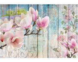 Fotobehangkoning - Behang - Vliesbehang - Fotobehang Roze Bloemen op Hout - 350 x 245 cm