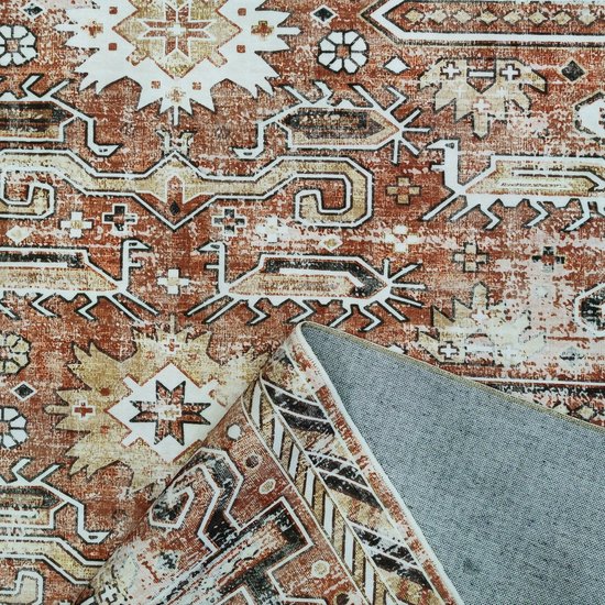 Tapis Oriental Vintage - Doux - Tapis Lavable en Machine - Antidérapant - Fibres de Polyester Premium - Terre Cuite - 120cm x 160cm