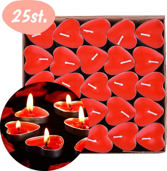 Romantische Kaarsen – hartjes decoratie - Waxinelichtjes Liefde – Valentijnsdag Versiering – Tafel Decoratie Verlichting – Theelichtjes - Moederdag - Valentijn Kaarsjes – I Love You - Rode Hartjes – 25 stuks