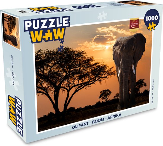 Boîte d'un puzzle de 1000 pièces représentant un éléphant et un acacia au coucher du soleil en Afrique.