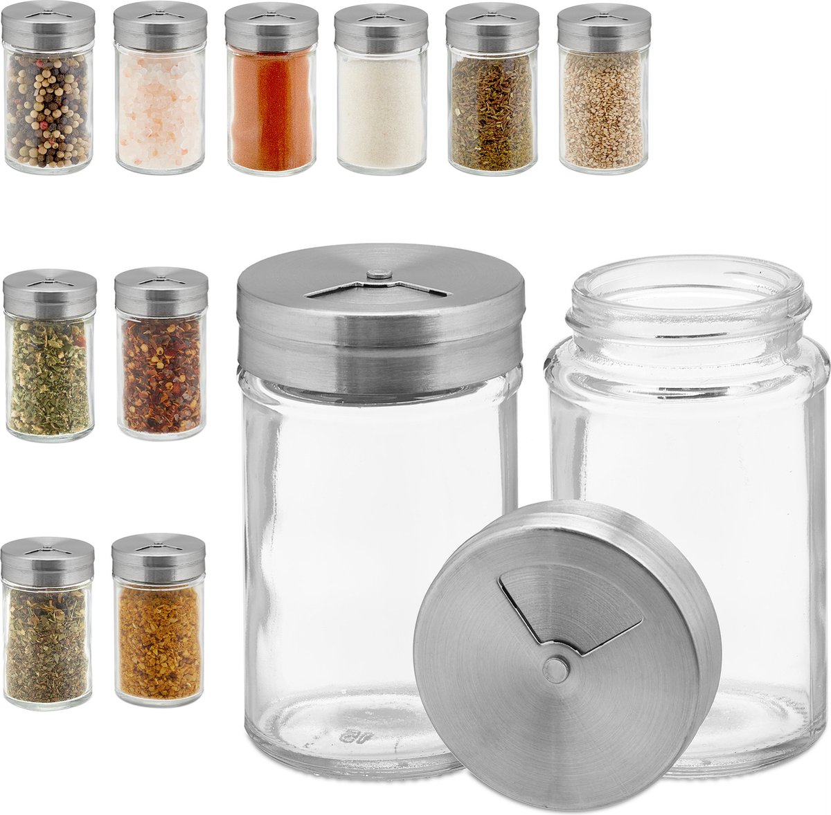 glazen kruidenpotjes - set van 12 - stooigaatjes in 3 groottes - 90 ml - leeg
