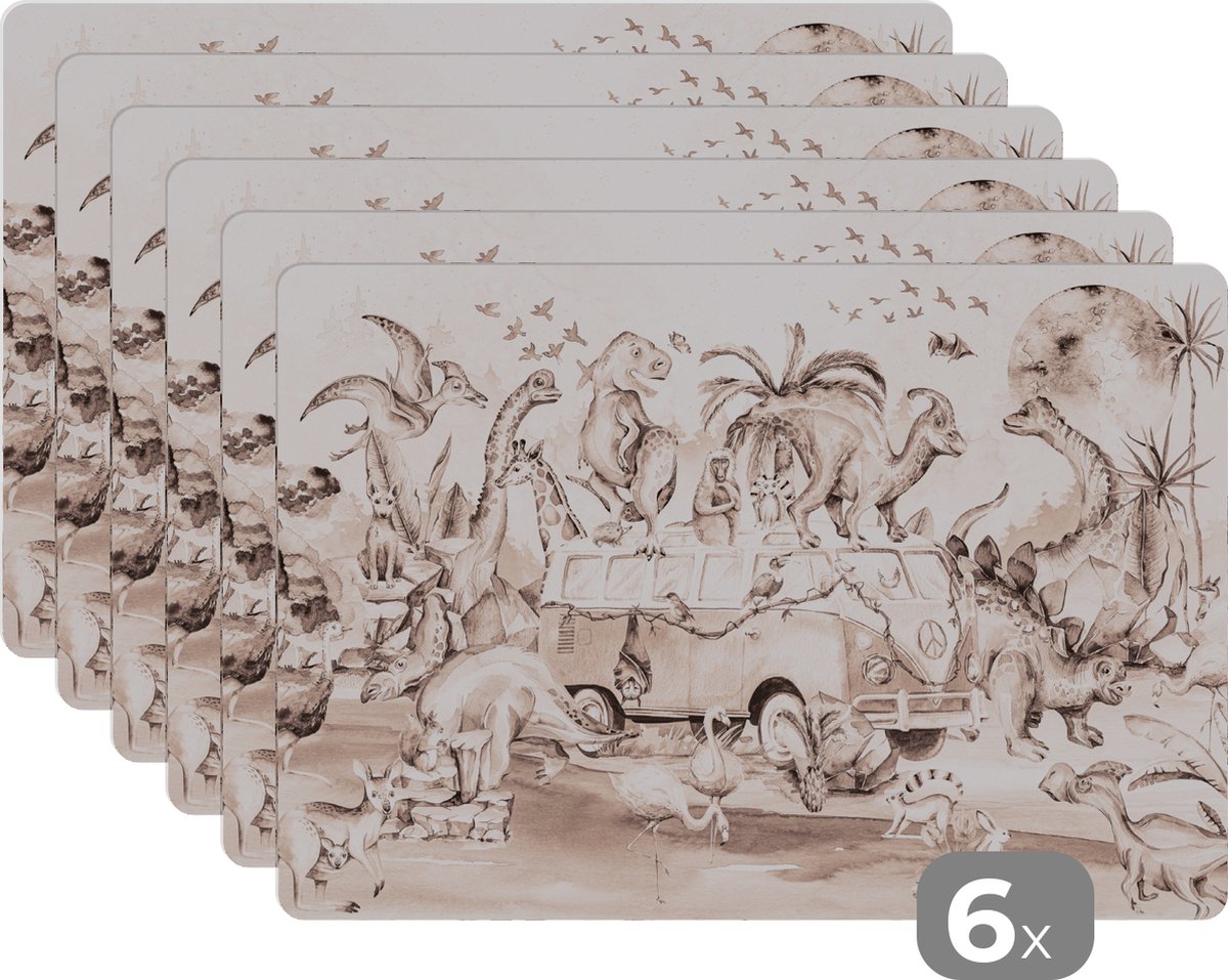 Placemat - Placemats kunststof - 45x30 cm - Dinosaurus - Bus - Kinderen - Dieren - Bomen - 6 stuks - Borden onderleggers antislip - Tafel decoratie - Luxe tafelversiering - Tafelmat vinyl - Bord onderlegger - Tafeldecoratie accessoires