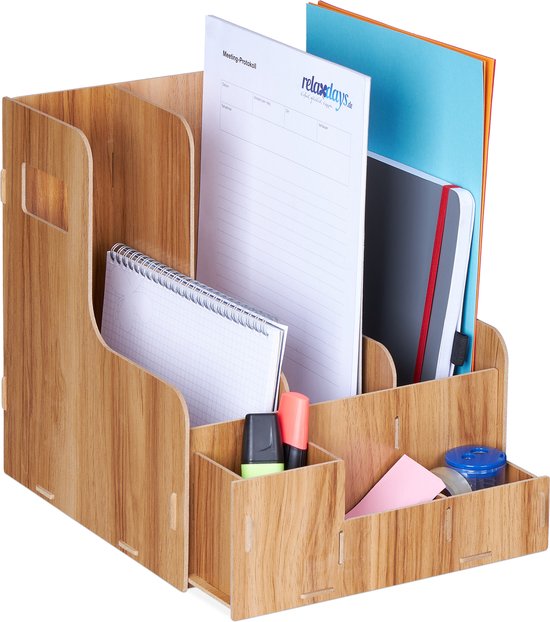 tijdschriftencassette - 3 vakken - A4 - met bureau organizer - staand - bruin