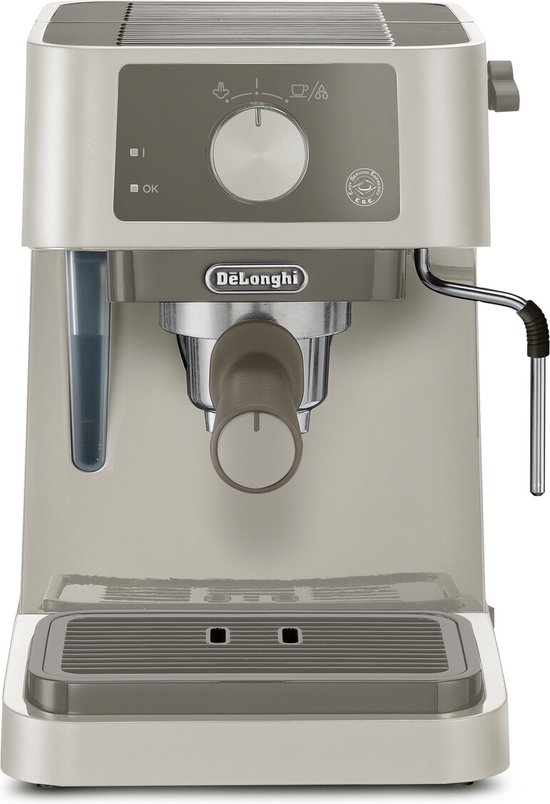 BeigeDeLonghi Stilosa pistonmachine met grijze details, waterreservoir en bedieningspaneel.