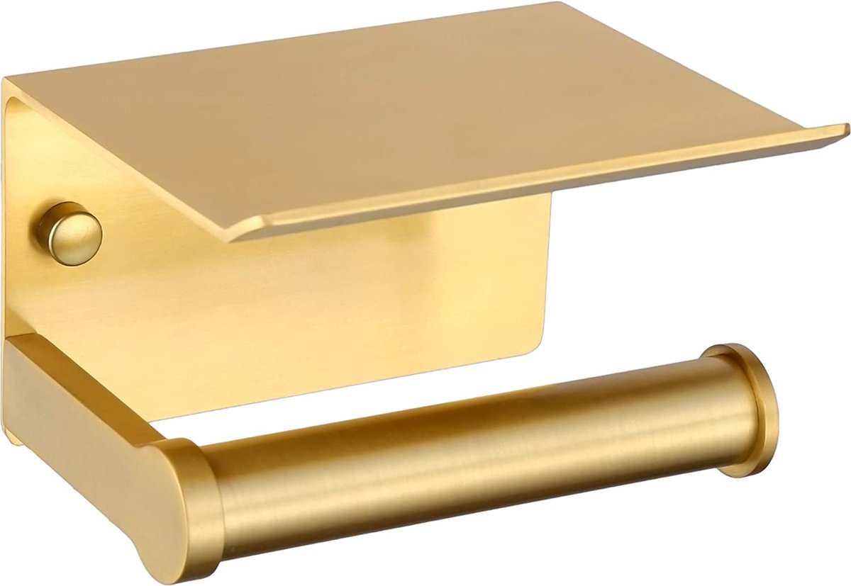 Toiletpapierhouder, wandhouder voor badkamerweefsel met opbergplank, 3M zelfklevend, aluminium (goud)