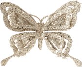 1x stuks decoratie vlinders op clip glitter champagne 14 cm - Bruiloftversiering/kerstversiering decoratievlinders