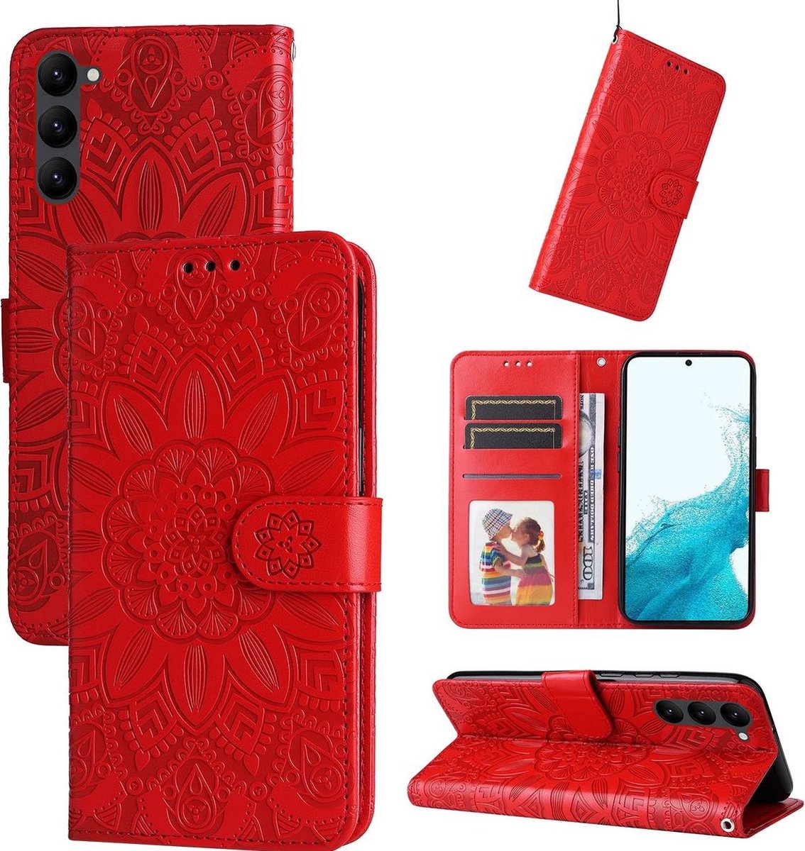 Mobigear Telefoonhoesje geschikt voor Samsung Galaxy S23 Hoesje | Mobigear Sunflower Bookcase Portemonnee | Pasjeshouder voor 2 Pasjes | Telefoonhoesje voor Pinpas / OV Kaart / Rijbewijs - Rood